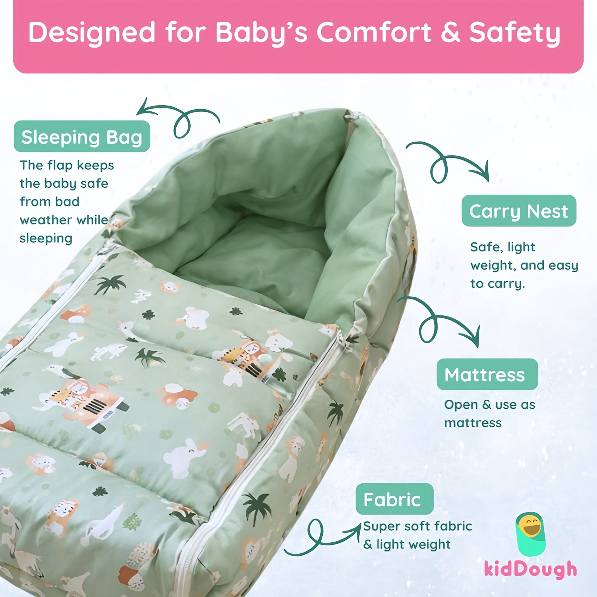 Kiddough 100% Cotton Foldable & Washable Baby Sleeping Bag (0–12M) - Baby Nest