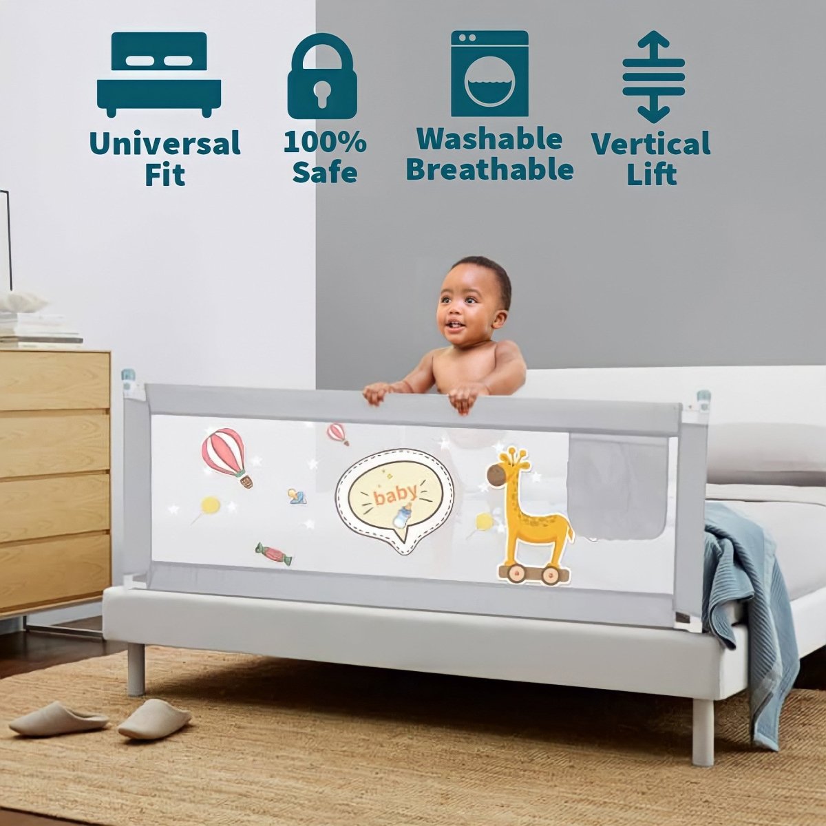 KidDough Adjustable Bed Rail Guard for Kids Safety- Grey -