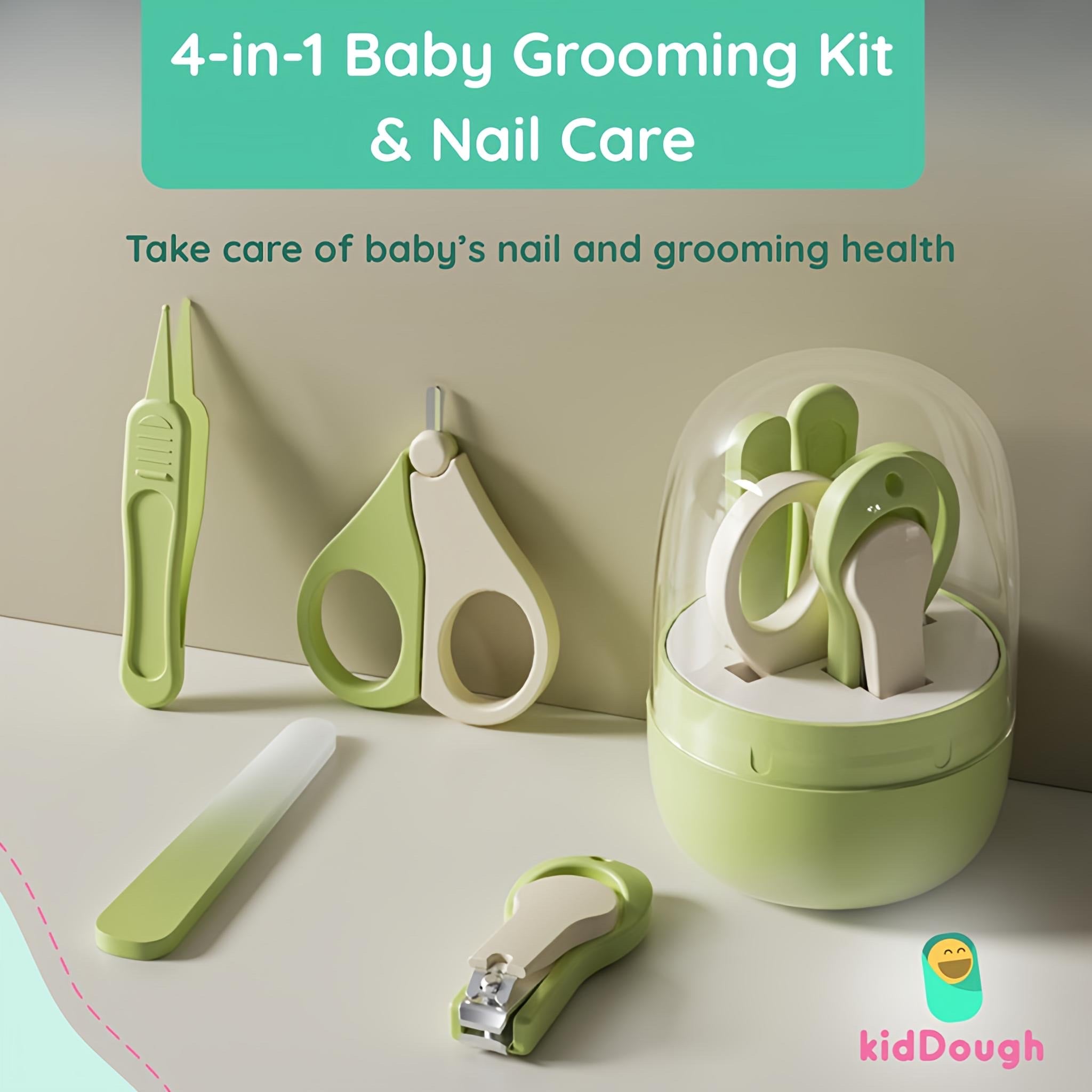 KidDough Baby Grooming Set, Portable New Born Baby Grooming Kit for Baby Manicure Set with Kids Nail Cutter, Tweezer, Filer and Scissors (Green) - Baby Grooming Set