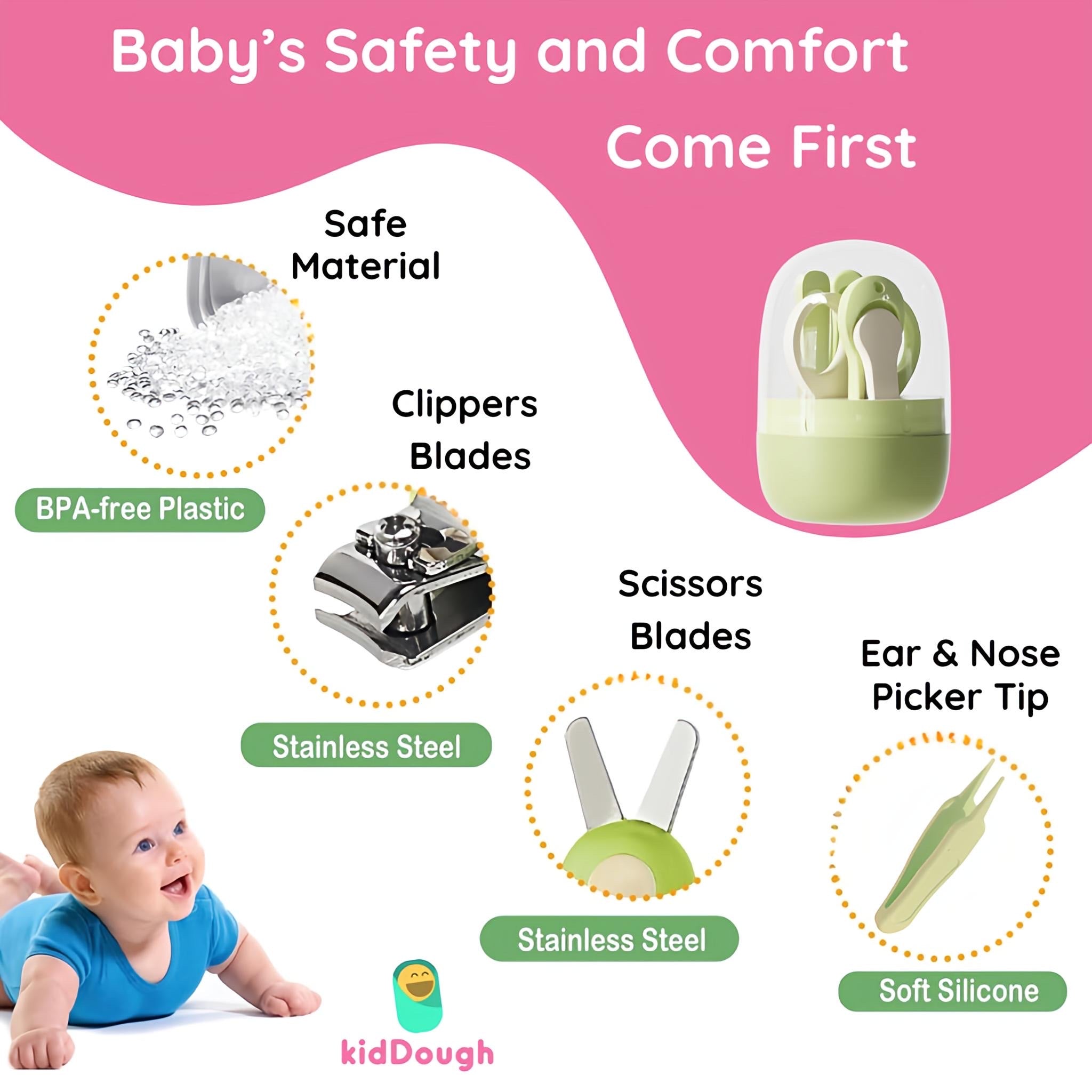 KidDough Baby Grooming Set, Portable New Born Baby Grooming Kit for Baby Manicure Set with Kids Nail Cutter, Tweezer, Filer and Scissors (Green) - Baby Grooming Set