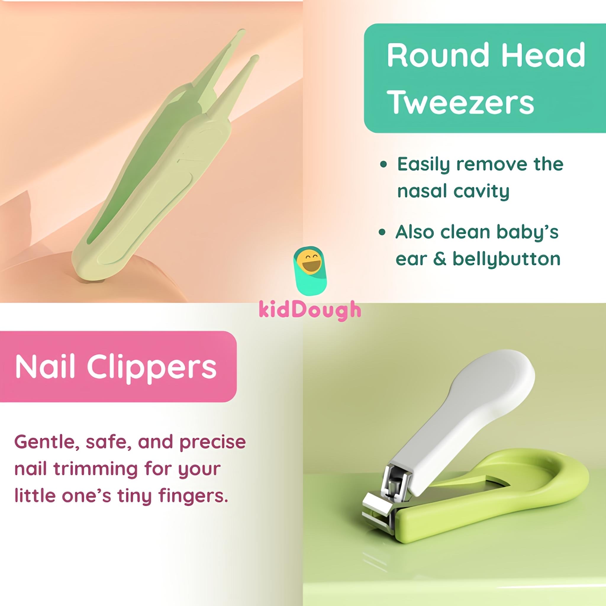 KidDough Baby Grooming Set, Portable New Born Baby Grooming Kit for Baby Manicure Set with Kids Nail Cutter, Tweezer, Filer and Scissors (Green) - Baby Grooming Set