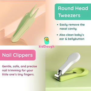 KidDough Baby Grooming Set, Portable New Born Baby Grooming Kit for Baby Manicure Set with Kids Nail Cutter, Tweezer, Filer and Scissors (Green) - Baby Grooming Set