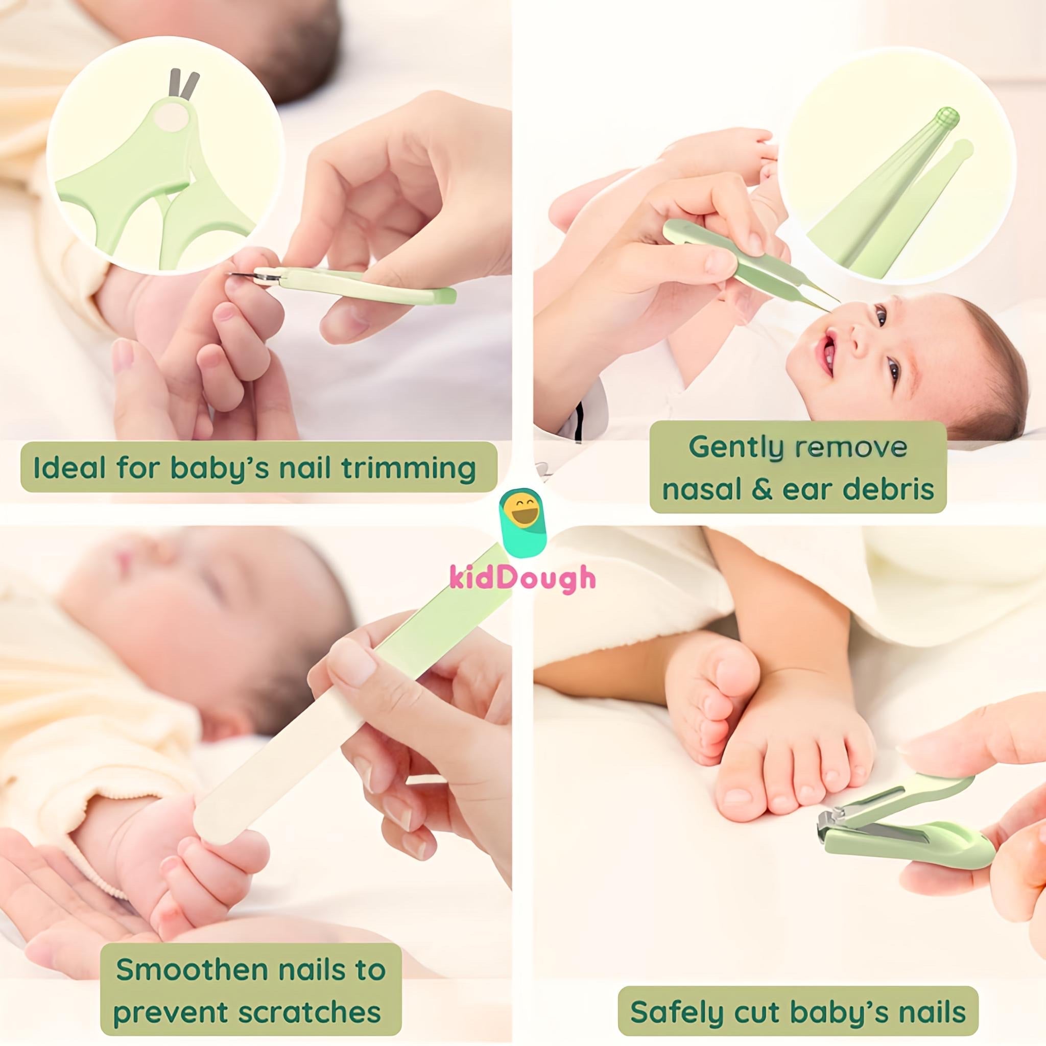 KidDough Baby Grooming Set, Portable New Born Baby Grooming Kit for Baby Manicure Set with Kids Nail Cutter, Tweezer, Filer and Scissors (Green) - Baby Grooming Set