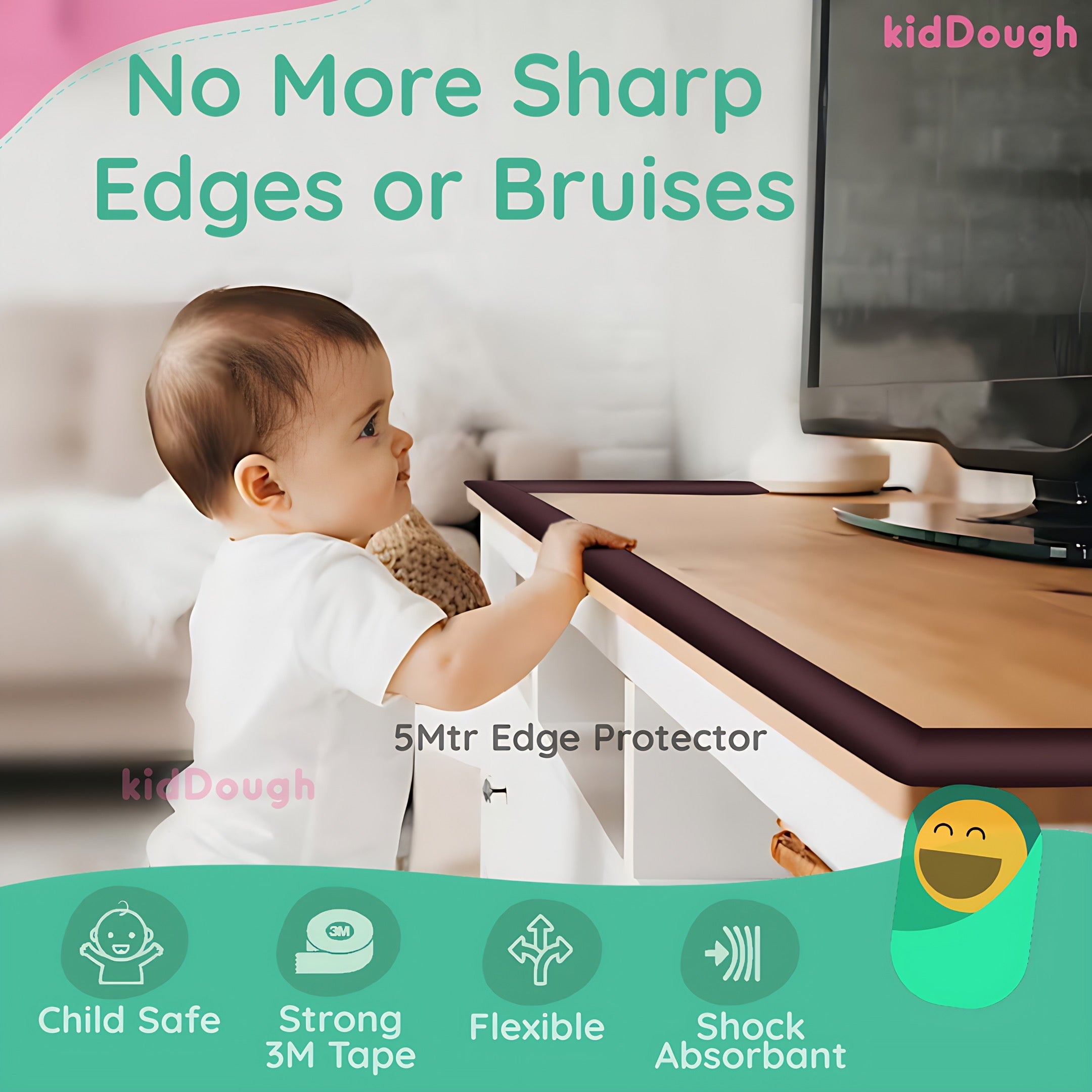 KidDough Baby Proofing Extra Thick Edge & Corner Guard - 5M Edge Protector, Rubber Safety Guard for Kids - 5Mtetre Brown Safety Strip