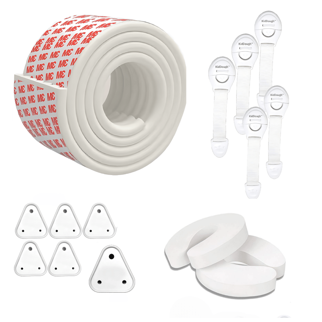 Kiddough Baby Proofing Kit with 2M Edge Protector, 5 Safety Locks, 6 Socket Guards, 2 Door Guards, White - White Flatedge Kit