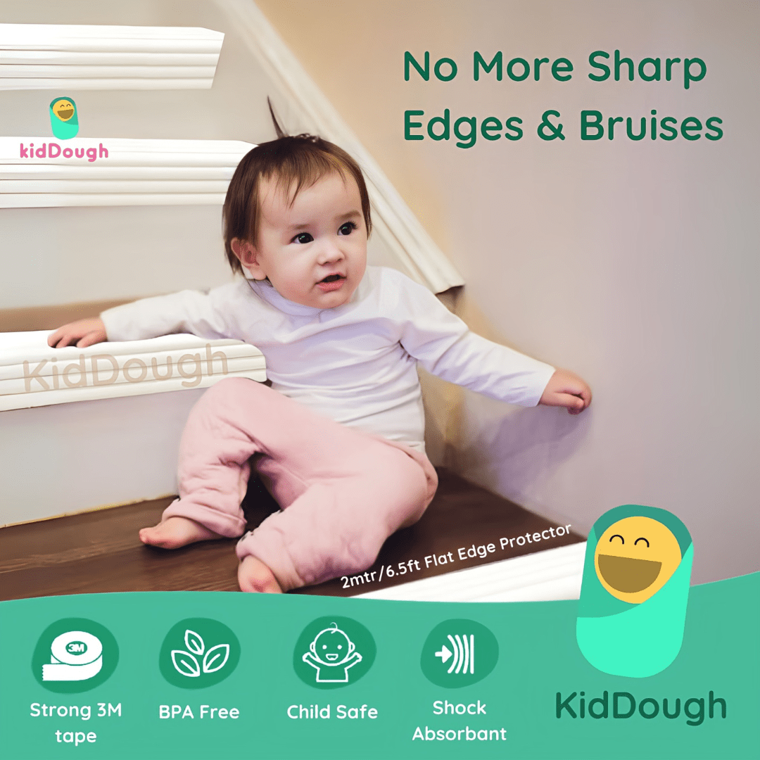 Kiddough Baby Proofing Kit with 2M Edge Protector, 5 Safety Locks, 6 Socket Guards, 2 Door Guards, White - White Flatedge Kit
