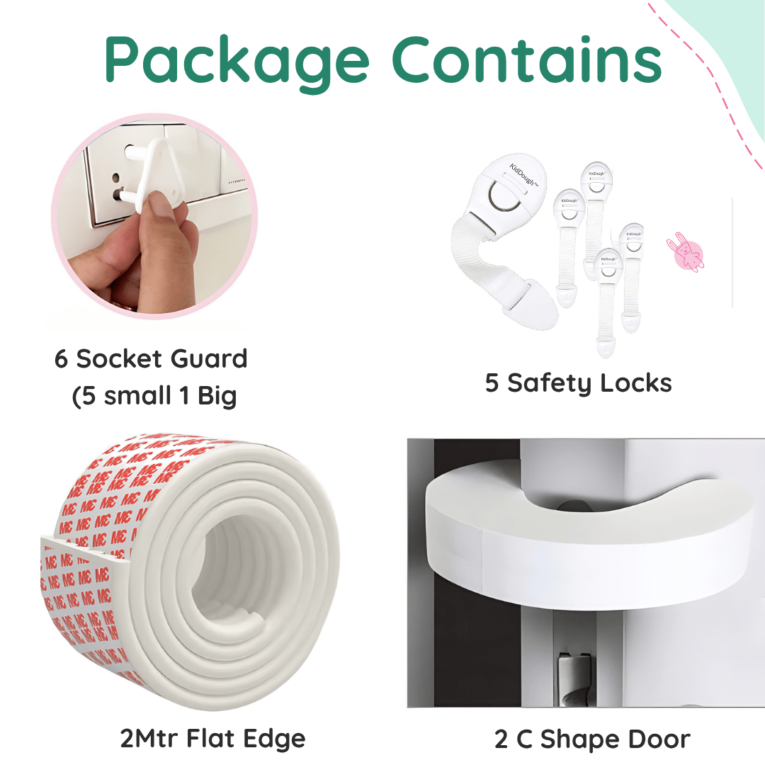 Kiddough Baby Proofing Kit with 2M Edge Protector, 5 Safety Locks, 6 Socket Guards, 2 Door Guards, White - White Flatedge Kit
