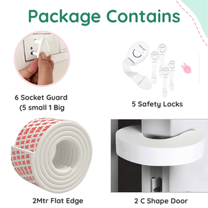 Kiddough Baby Proofing Kit with 2M Edge Protector, 5 Safety Locks, 6 Socket Guards, 2 Door Guards, White - White Flatedge Kit