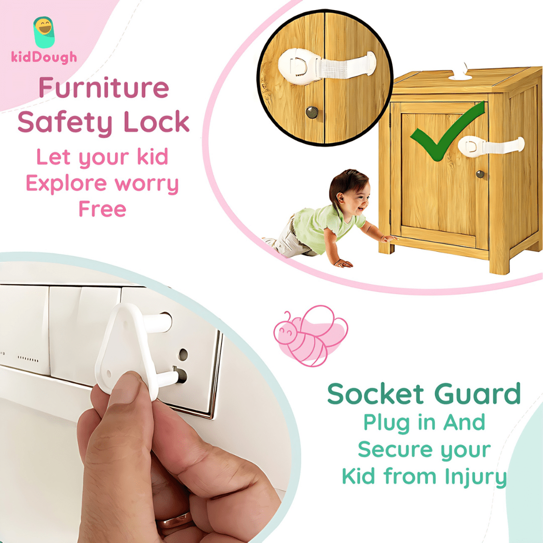 Kiddough Baby Proofing Kit with 2M Edge Protector, 5 Safety Locks, 6 Socket Guards, 2 Door Guards, White - White Flatedge Kit