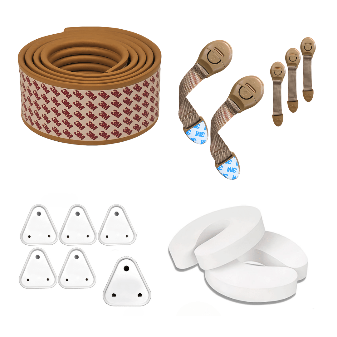 Kiddough Baby Proofing Kit with 2M Edge Protector, 5 Safety Locks, 6 Socket Guards, 2 Door Guards, Wooden - WoodenFlatedgeKit