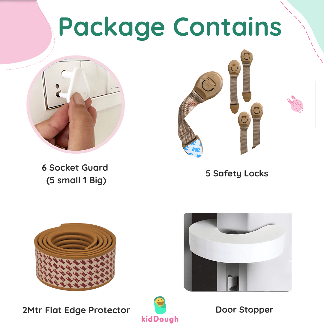 Kiddough Baby Proofing Kit with 2M Edge Protector, 5 Safety Locks, 6 Socket Guards, 2 Door Guards, Wooden - WoodenFlatedgeKit