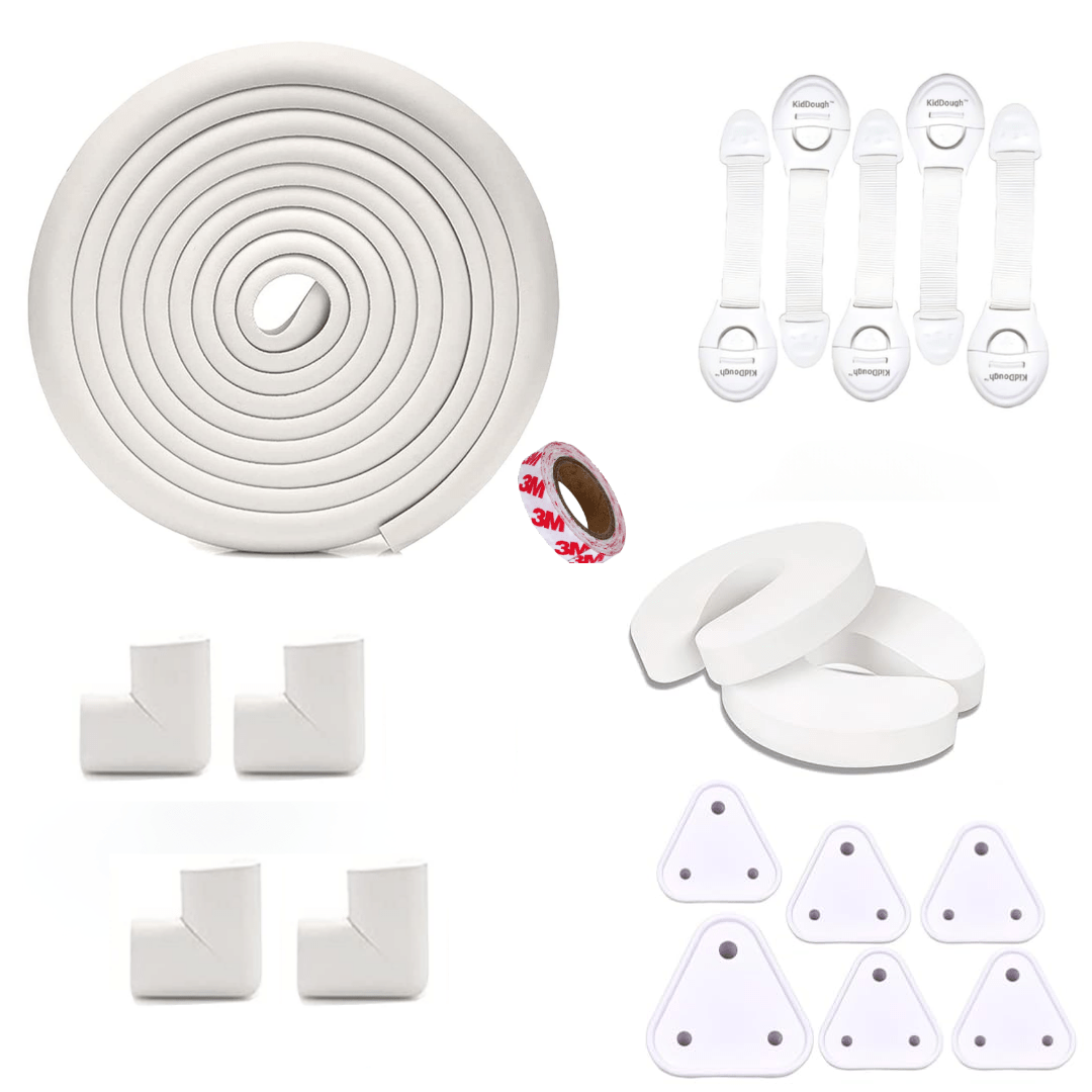 Kiddough Baby Proofing Kit with 5M Edge Protector, 4 Corner Guards, 6 Socket Guards, 2 Door Guards, 5 Safety Locks, 2 C - Shape Door Stopper, White - 5 Metre White Kit