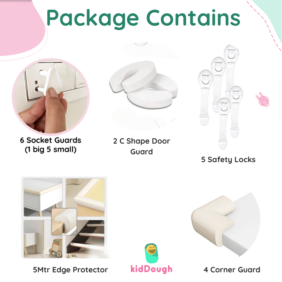 Kiddough Baby Proofing Kit with 5M Edge Protector, 4 Corner Guards, 6 Socket Guards, 2 Door Guards, 5 Safety Locks, 2 C - Shape Door Stopper, White - 5 Metre White Kit