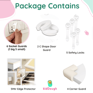 Kiddough Baby Proofing Kit with 5M Edge Protector, 4 Corner Guards, 6 Socket Guards, 2 Door Guards, 5 Safety Locks, 2 C - Shape Door Stopper, White - 5 Metre White Kit