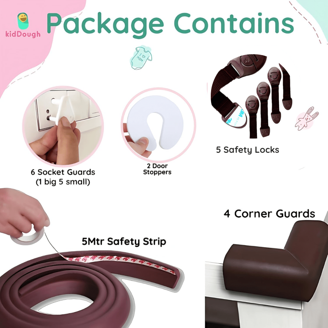Kiddough Baby Proofing Kit with 5Mtr Edge Protector, 4 Corner Guards, 5 Safety Locks, 6 Socket Guards, 2 Door Guards, Brown - 2 Mtetre Kit