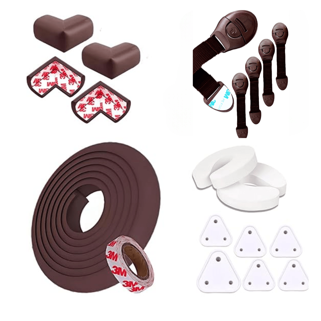 Kiddough Baby Proofing Kit with 5Mtr Edge Protector, 4 Corner Guards, 5 Safety Locks, 6 Socket Guards, 2 Door Guards, Brown - 2 Mtetre Kit