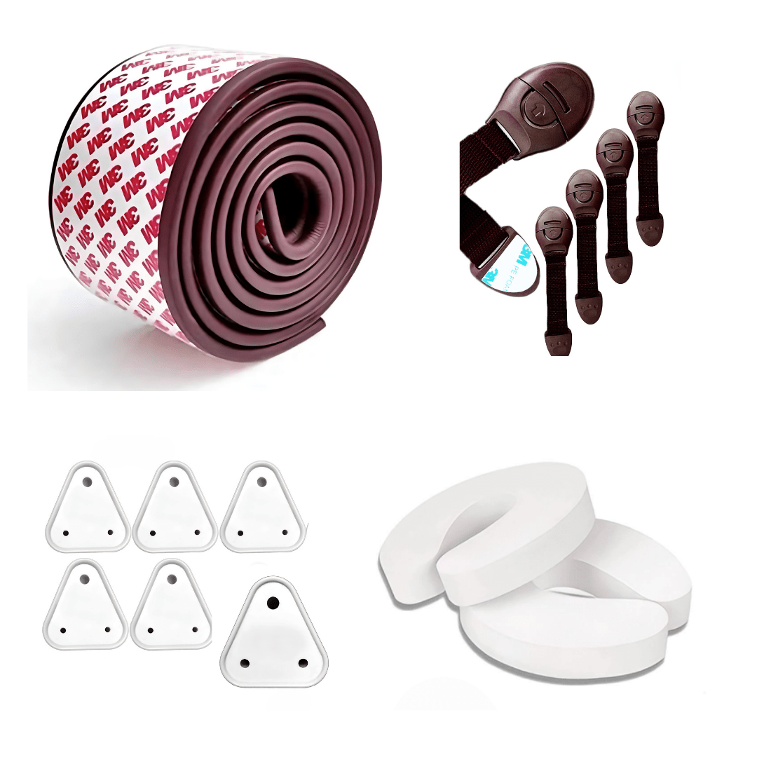 Kiddough Baby Proofing Kit with Edge Protector, C - Shape Door Stopper, Safety Locks, Socket Guards, Door Guards, Brown - Brown Flatedge Kit