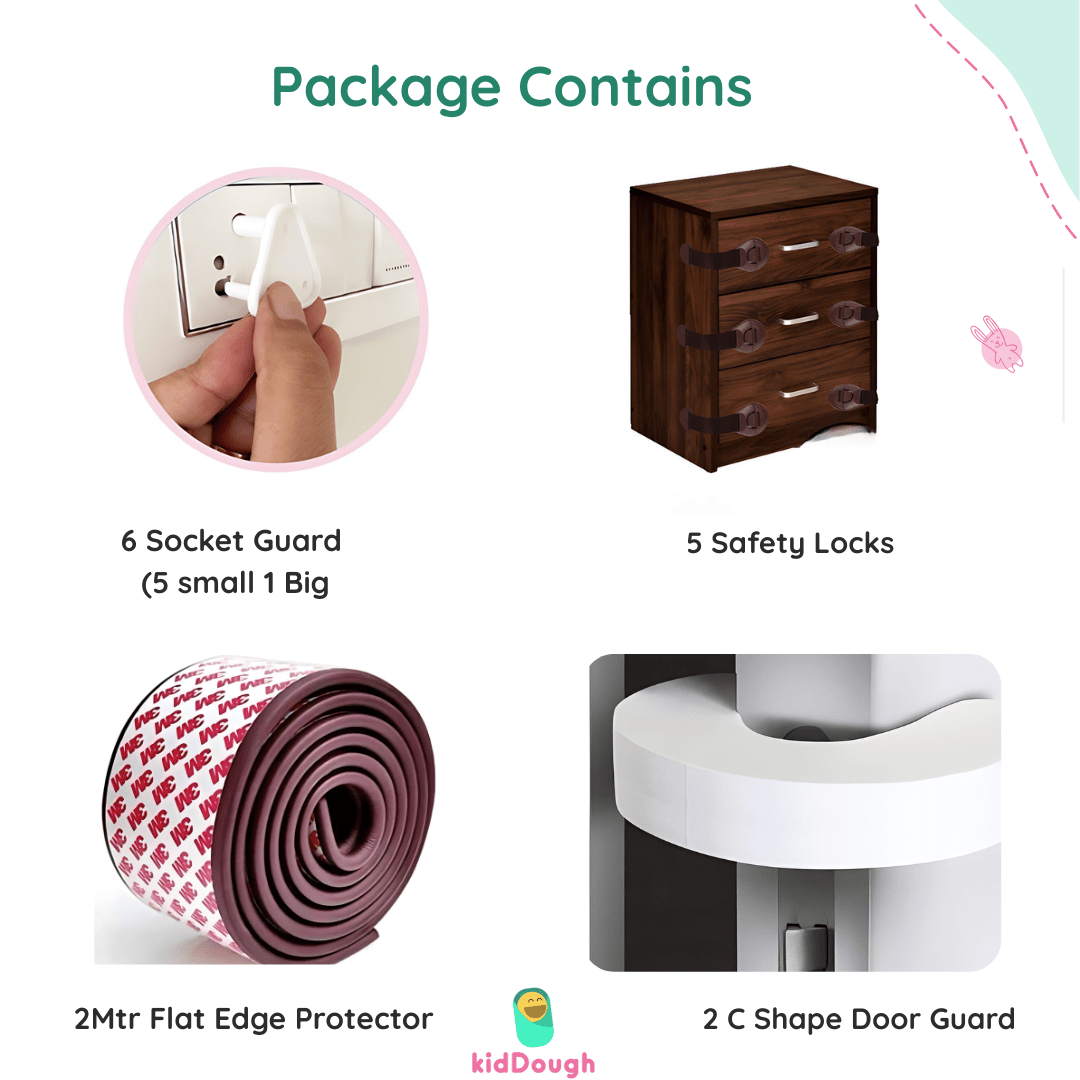 Kiddough Baby Proofing Kit with Edge Protector, C - Shape Door Stopper, Safety Locks, Socket Guards, Door Guards, Brown - Brown Flatedge Kit
