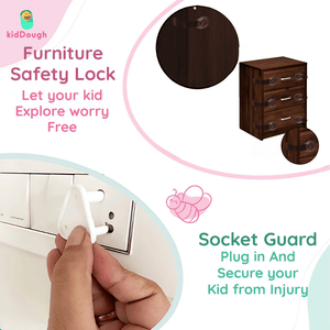 Kiddough Baby Proofing Kit with Edge Protector, C - Shape Door Stopper, Safety Locks, Socket Guards, Door Guards, Brown - Brown Flatedge Kit