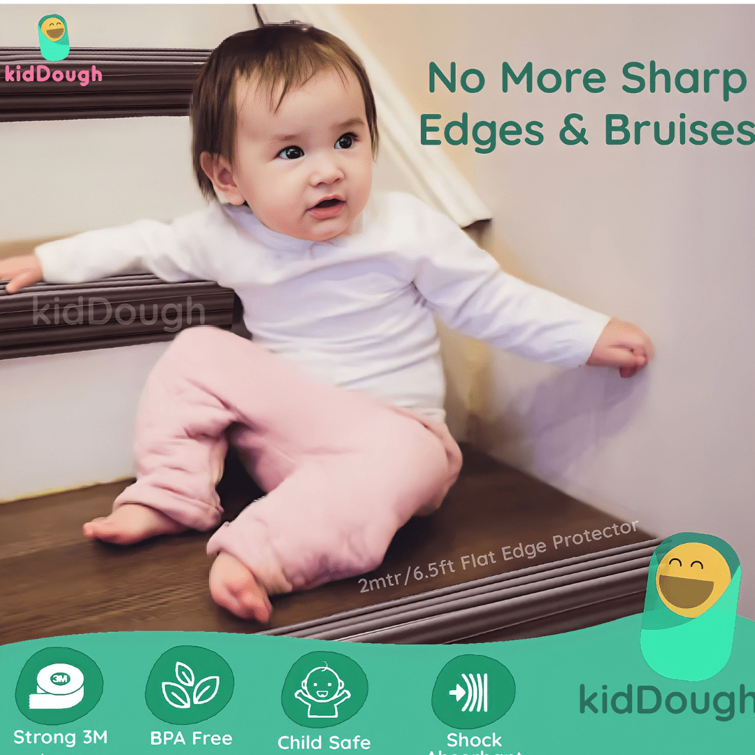Kiddough Baby Proofing Kit with Edge Protector, C - Shape Door Stopper, Safety Locks, Socket Guards, Door Guards, Brown - Brown Flatedge Kit