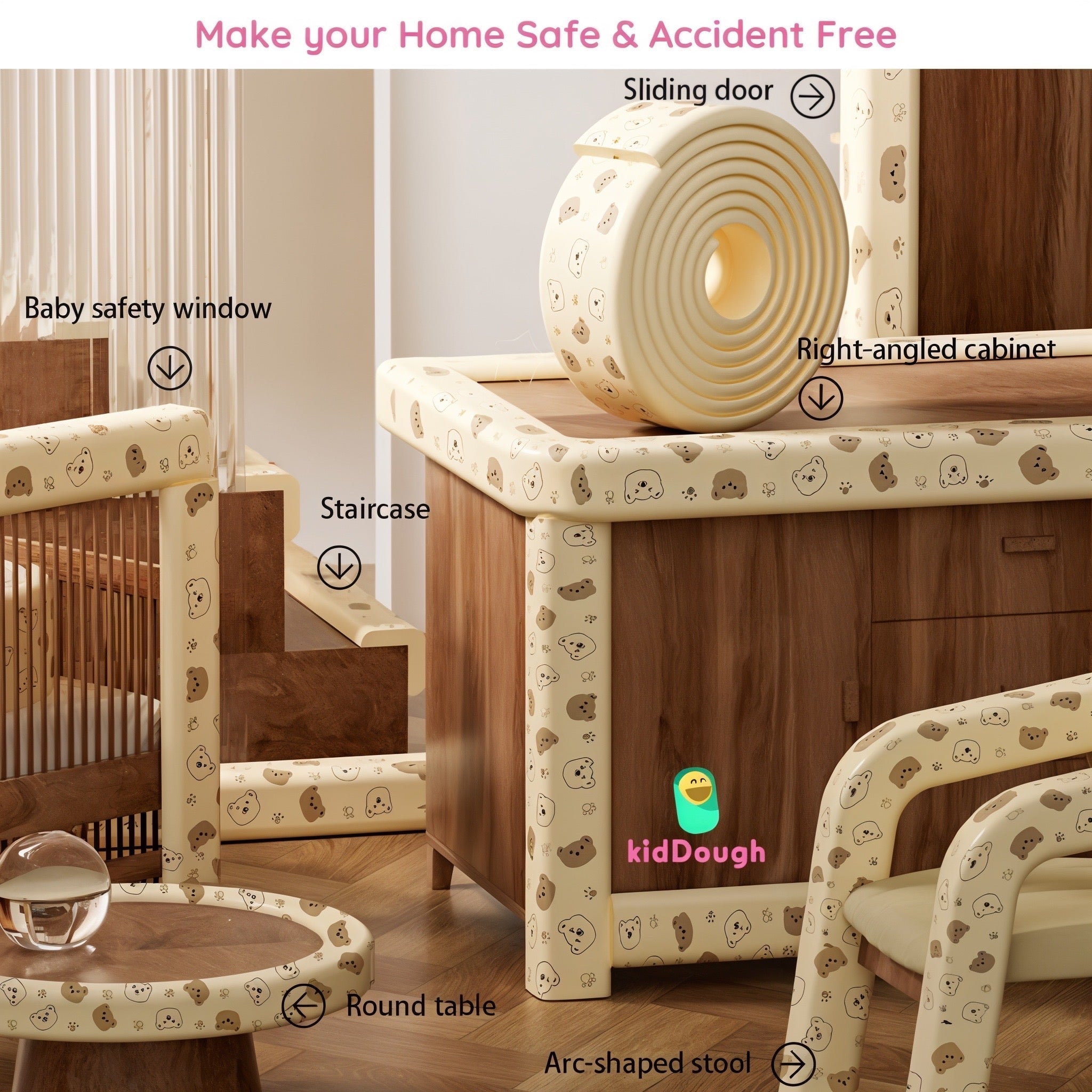 KidDough Baby Proofing Printed Flat Edge Protector - 2 Meters Safety Strip, Furniture, Dense Edge Guard for Kids Safety, Shock Absorbant Edge Protector, Baby Safety Products (Bears) - PrintedEdgeProtectorBear