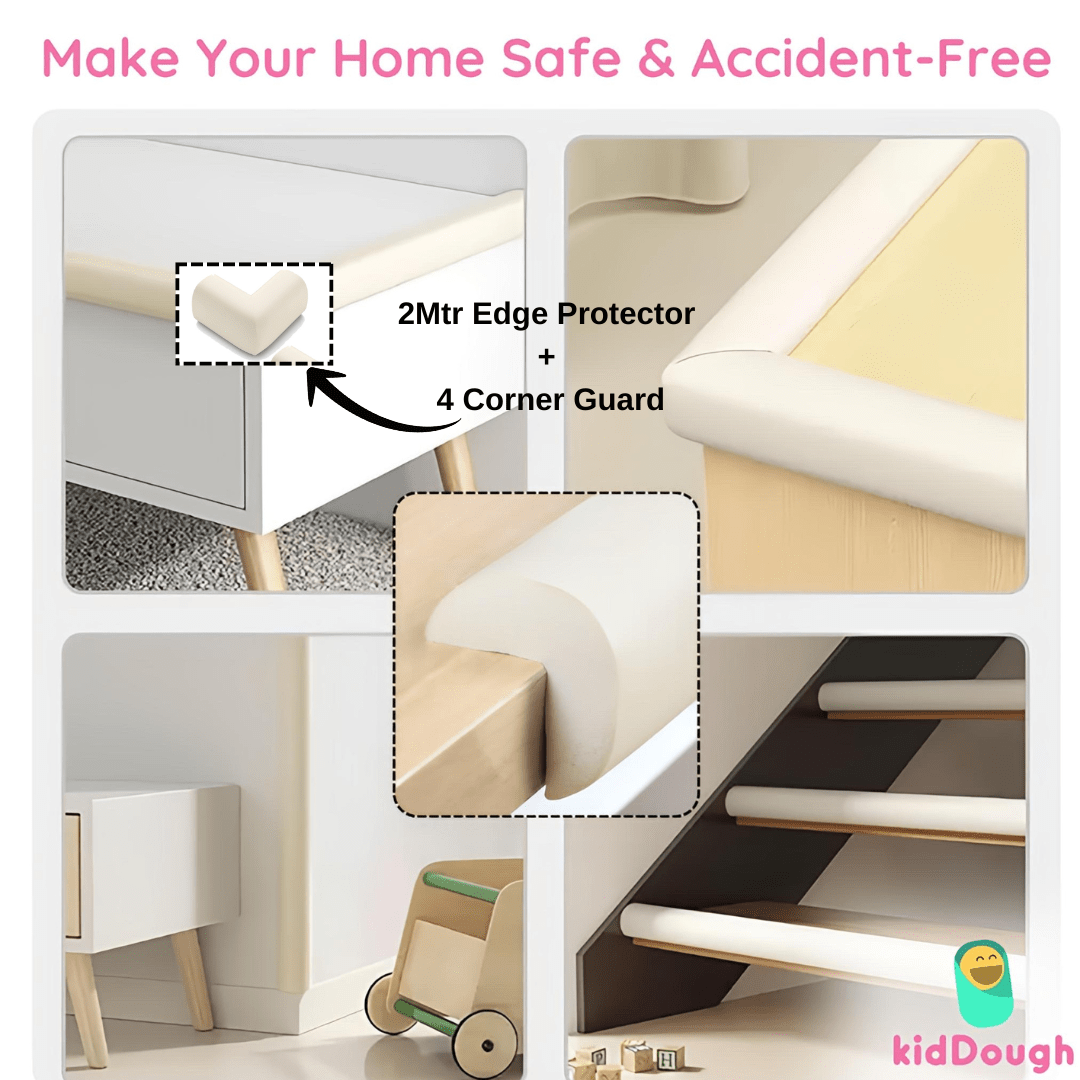 KidDough Baby Proofing Safety Strip, Furniture Edge and Corner Guard - 2 Meters White Edge Protector + 4 Corner Guards, Corner Protector for Sharp Edges, Baby Safety Products - 2 Metre White Safety Strip+4 Corner Guards