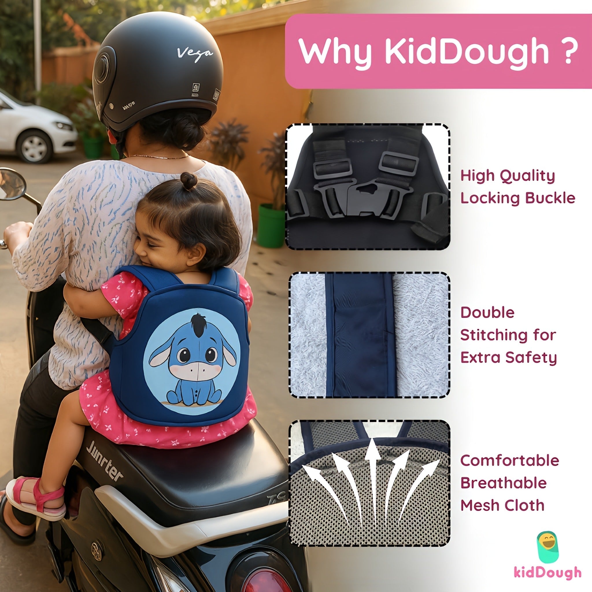 Kiddough Baby Safety Belt for Kids | Two Wheeler Bike/Scooty Belt for Kids Safety (Cartoon Blue) - Baby Safety Belt