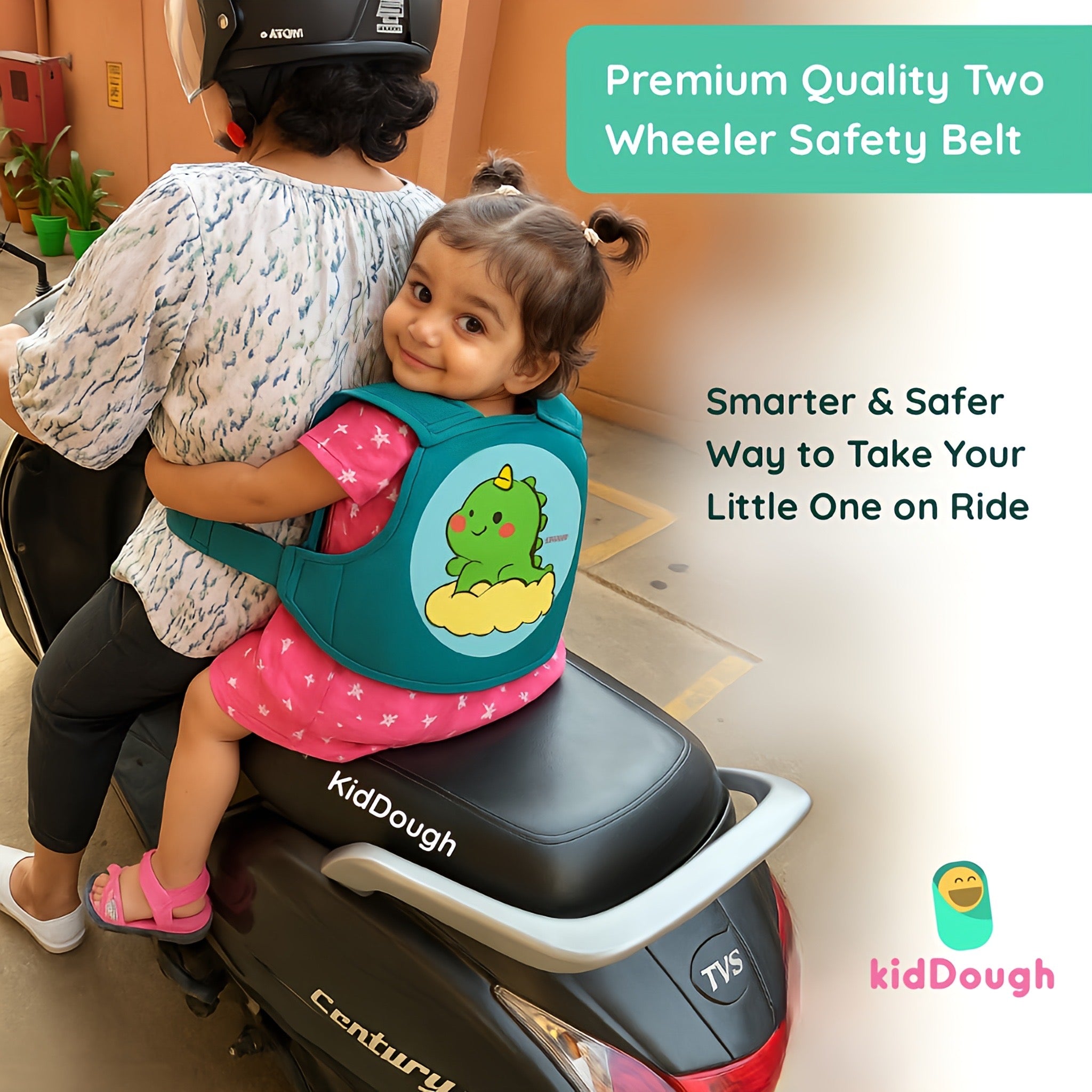 Kiddough Baby Safety Belt for Kids | Two Wheeler Bike/Scooty Belt for Kids Safety (Cartoon Green)) - Baby Safety Belt