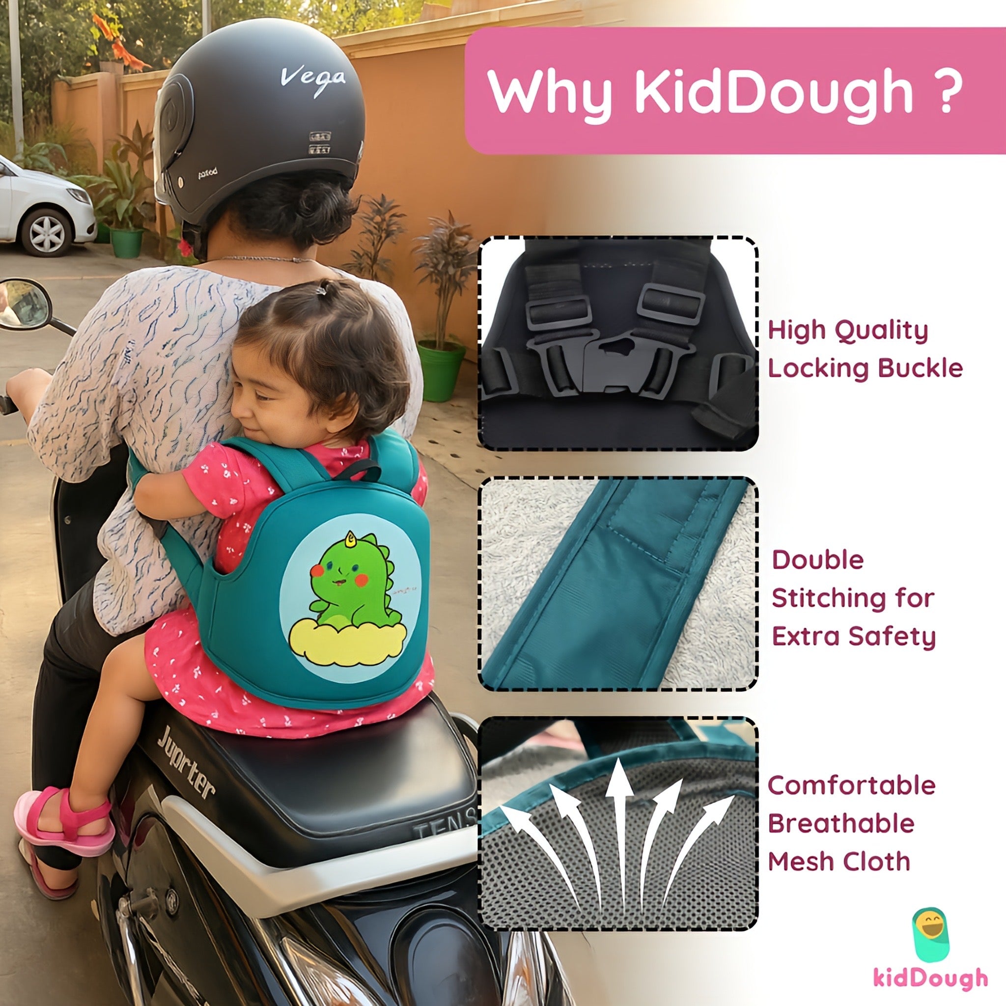 Kiddough Baby Safety Belt for Kids | Two Wheeler Bike/Scooty Belt for Kids Safety (Cartoon Green)) - Baby Safety Belt