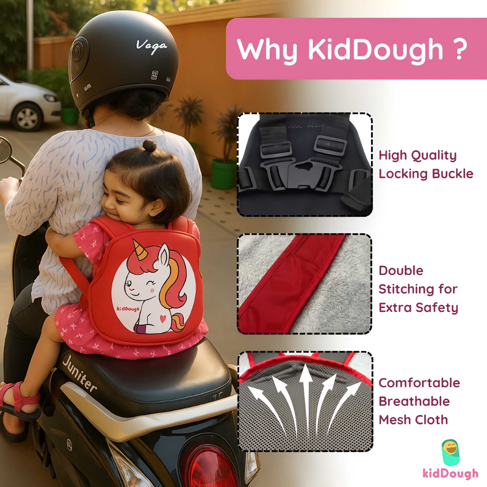 Kiddough Baby Safety Belt for Kids | Two Wheeler Bike/Scooty Belt for Kids Safety (Cartoon Red) - Baby Safety Belt