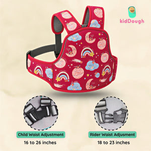 KidDough Baby Safety Belt for Two Wheeler Bike/Scooty | Harness Safety Belt for Kids Safety | Strong Buckles with Adjustable Straps and Double Stiching for Extra Safety (Printed Red) - Baby Safety Belt