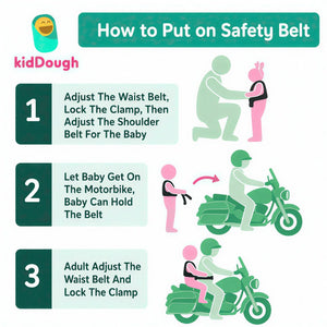 KidDough Baby Safety Belt for Two Wheeler Bike/Scooty | Harness Safety Belt for Kids Safety | Strong Buckles with Adjustable Straps and Double Stiching for Extra Safety (Printed Green) - Baby Safety Belt