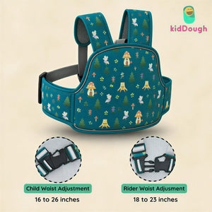 KidDough Baby Safety Belt for Two Wheeler Bike/Scooty | Harness Safety Belt for Kids Safety | Strong Buckles with Adjustable Straps and Double Stiching for Extra Safety (Printed Green) - Baby Safety Belt