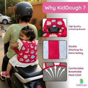 KidDough Baby Safety Belt for Two Wheeler Bike/Scooty | Harness Safety Belt for Kids Safety | Strong Buckles with Adjustable Straps and Double Stiching for Extra Safety (Printed Red) - Baby Safety Belt