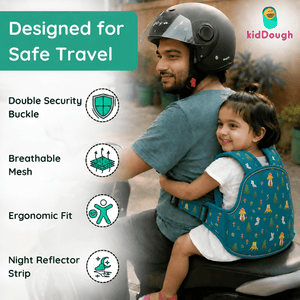 KidDough Baby Safety Belt for Two Wheeler Bike/Scooty | Harness Safety Belt for Kids Safety | Strong Buckles with Adjustable Straps and Double Stiching for Extra Safety (Printed Green) - Baby Safety Belt