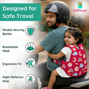 KidDough Baby Safety Belt for Two Wheeler Bike/Scooty | Harness Safety Belt for Kids Safety | Strong Buckles with Adjustable Straps and Double Stiching for Extra Safety (Printed Red) - Baby Safety Belt