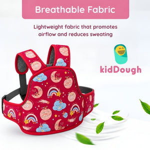 KidDough Baby Safety Belt for Two Wheeler Bike/Scooty | Harness Safety Belt for Kids Safety | Strong Buckles with Adjustable Straps and Double Stiching for Extra Safety (Printed Red) - Baby Safety Belt