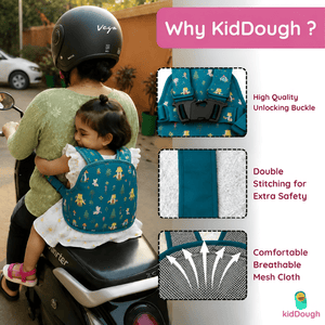 KidDough Baby Safety Belt for Two Wheeler Bike/Scooty | Harness Safety Belt for Kids Safety | Strong Buckles with Adjustable Straps and Double Stiching for Extra Safety (Printed Green) - Baby Safety Belt