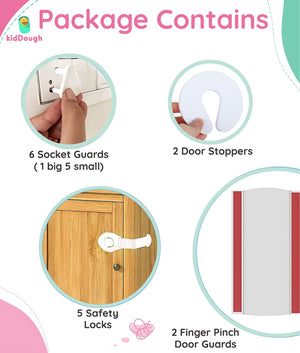 KidDough Baby Safety Kit | 2 Door Hinge Guard & Stopper, 5 Safety Locks, 6 Socket Guards - DCPKit