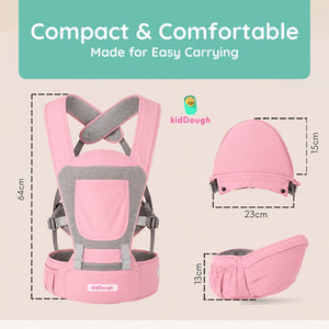 Kiddough Hip Seat Baby Carrier for 0 to 3 yrs with Adjustable Shoulder Straps | Breathable Mesh Fabric | Sling Baby Carrier with Storage Pockets | Adjustable New-Born to Toddler Carrier (Baby Pink) - Baby Carrier
