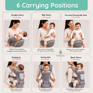 Kiddough Hip Seat Baby Carrier for 0 to 3 yrs with Adjustable Shoulder Straps | Breathable Mesh Fabric | Sling Baby Carrier with Storage Pockets | Adjustable New-Born to Toddler Carrier (Grey) - Baby Carrier