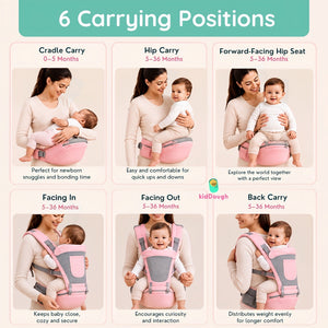 Kiddough Hip Seat Baby Carrier for 0 to 3 yrs with Adjustable Shoulder Straps | Breathable Mesh Fabric | Sling Baby Carrier with Storage Pockets | Adjustable New-Born to Toddler Carrier (Baby Pink) - Baby Carrier