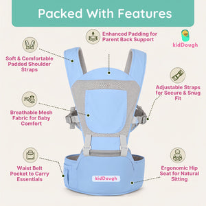 Kiddough Hip Seat Baby Carrier for 0 to 3 yrs with Adjustable Shoulder Straps | Breathable Mesh Fabric | Sling Baby Carrier with Storage Pockets | Adjustable New-Born to Toddler Carrier (Sky Blue) - Baby Carrier