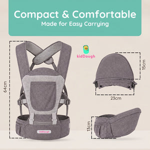 Kiddough Hip Seat Baby Carrier for 0 to 3 yrs with Adjustable Shoulder Straps | Breathable Mesh Fabric | Sling Baby Carrier with Storage Pockets | Adjustable New-Born to Toddler Carrier (Grey) - Baby Carrier