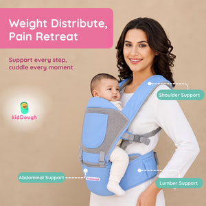Kiddough Hip Seat Baby Carrier for 0 to 3 yrs with Adjustable Shoulder Straps | Breathable Mesh Fabric | Sling Baby Carrier with Storage Pockets | Adjustable New-Born to Toddler Carrier (Sky Blue) - Baby Carrier
