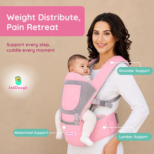 Kiddough Hip Seat Baby Carrier for 0 to 3 yrs with Adjustable Shoulder Straps | Breathable Mesh Fabric | Sling Baby Carrier with Storage Pockets | Adjustable New-Born to Toddler Carrier (Baby Pink) - Baby Carrier