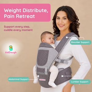 Kiddough Hip Seat Baby Carrier for 0 to 3 yrs with Adjustable Shoulder Straps | Breathable Mesh Fabric | Sling Baby Carrier with Storage Pockets | Adjustable New-Born to Toddler Carrier (Grey) - Baby Carrier