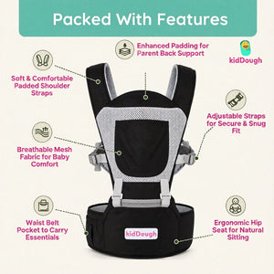 Kiddough Hip Seat Baby Carrier for 0 to 3 yrs with Adjustable Shoulder Straps | Breathable Mesh Fabric | Sling Baby Carrier with Storage Pockets | Adjustable New-Born to Toddler Carrier - Baby Carrier