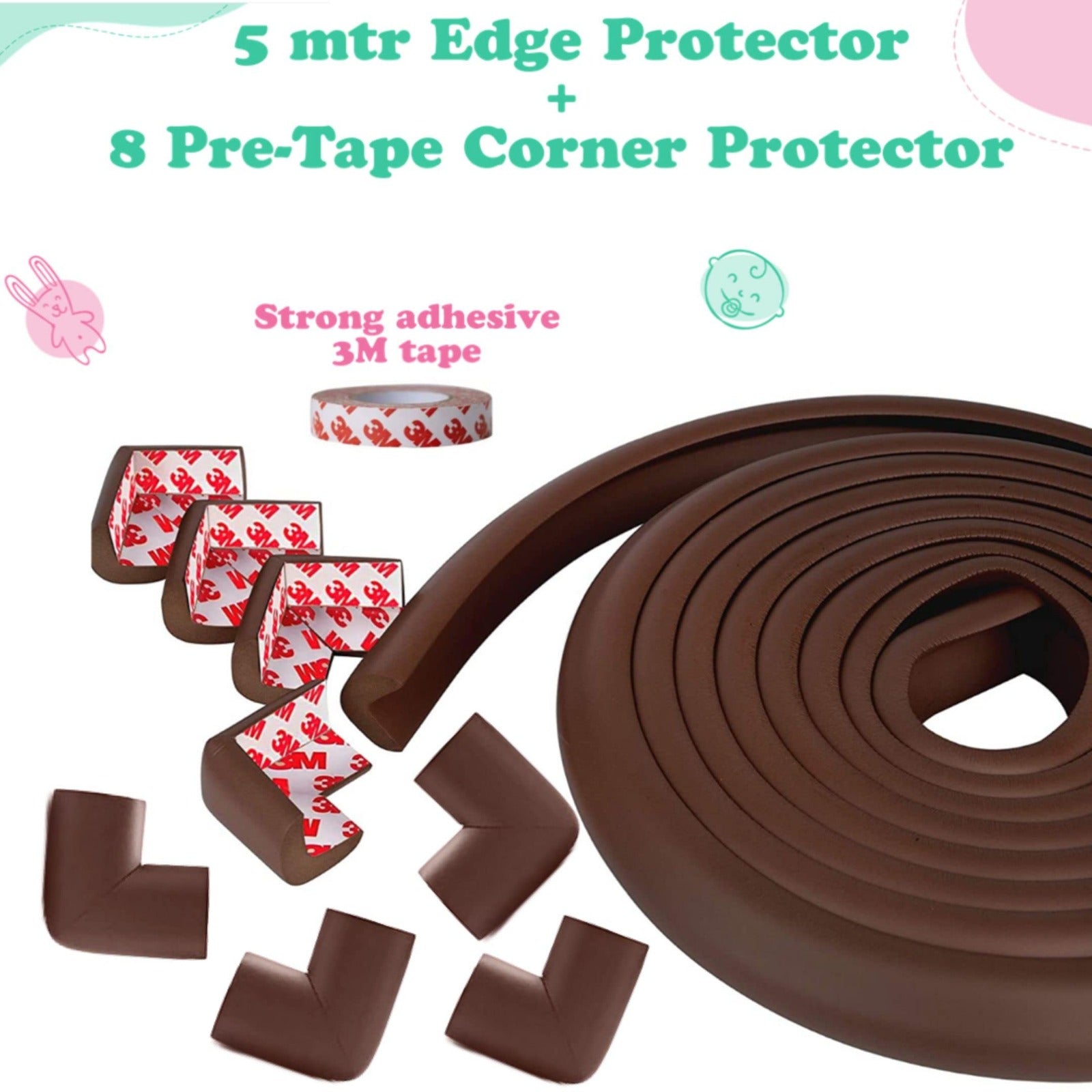 KidDough Nitrile Foam Baby Proofing Edge & Corner Protector For Kids - 5 Meters Edge Protector + 8 Corner Guards, Protector For Baby, Corner Protector For Sharp Edges, Baby Safety Products - 5Mtr Brown Safety Strip+8 Corner Guard