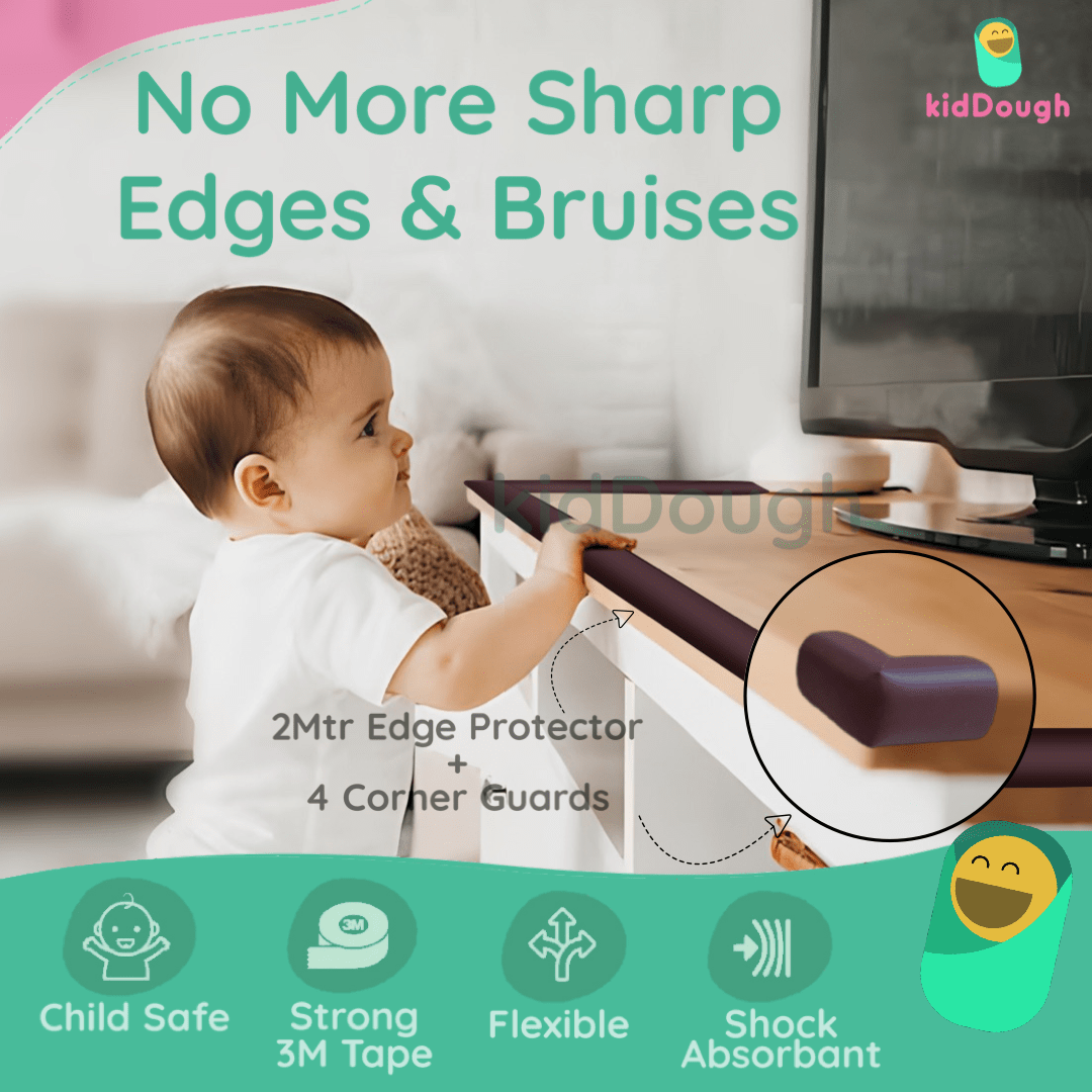 KidDough Nitrile Foam Baby Proofing Safety Strip And Corner Guard | Extra Thick Safety Soft Cushion Edge Corner Protector Guard |Corner Protector (2 Mtrs Roll + 4 Guards) - 2Metre Brown Safety Strp+ 4 Corner Guard